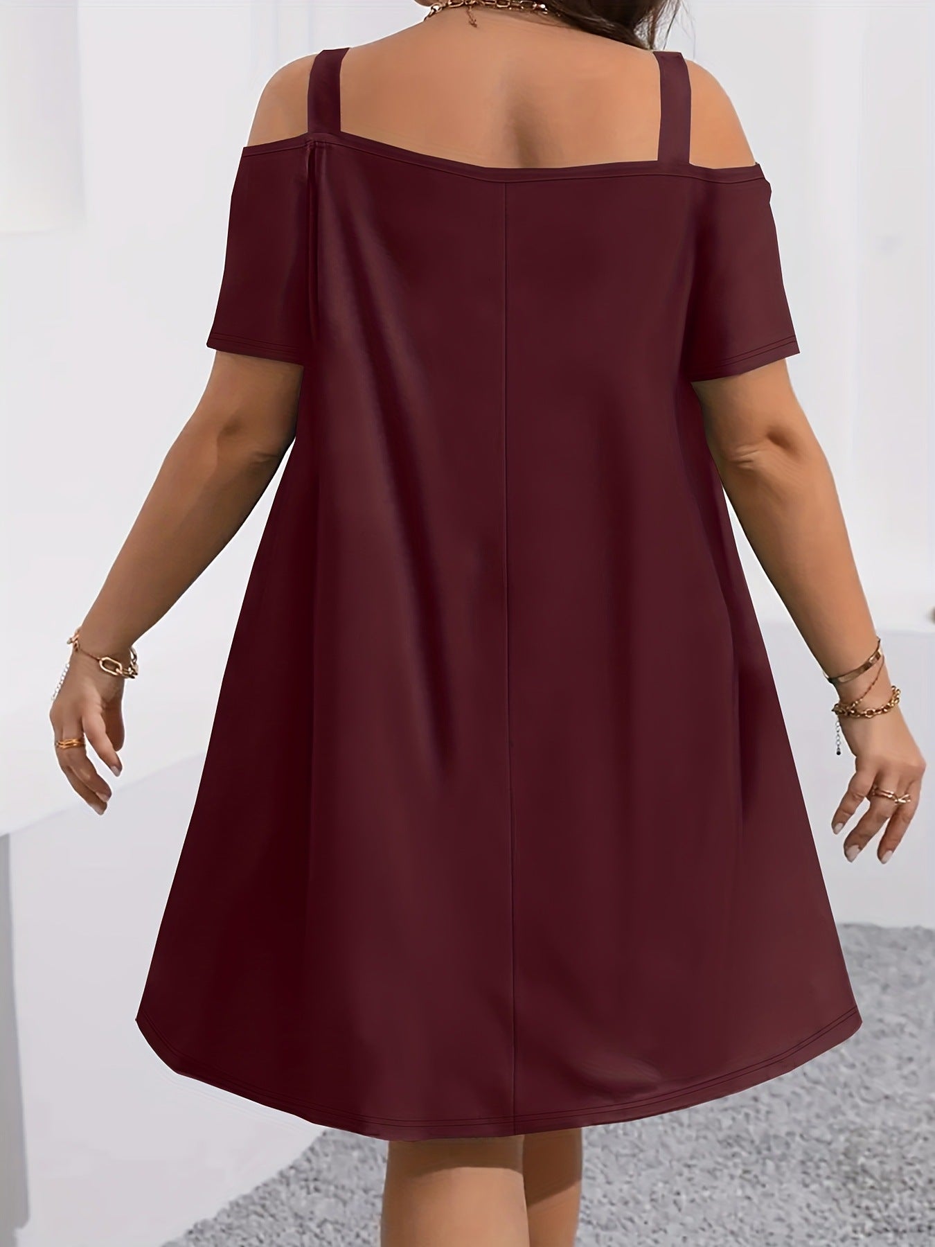 VVZ Plus-Size Women's Casual Midi Dress: Crew Neck, Short Sleeve, Cold-Shoulder, Slim Fit