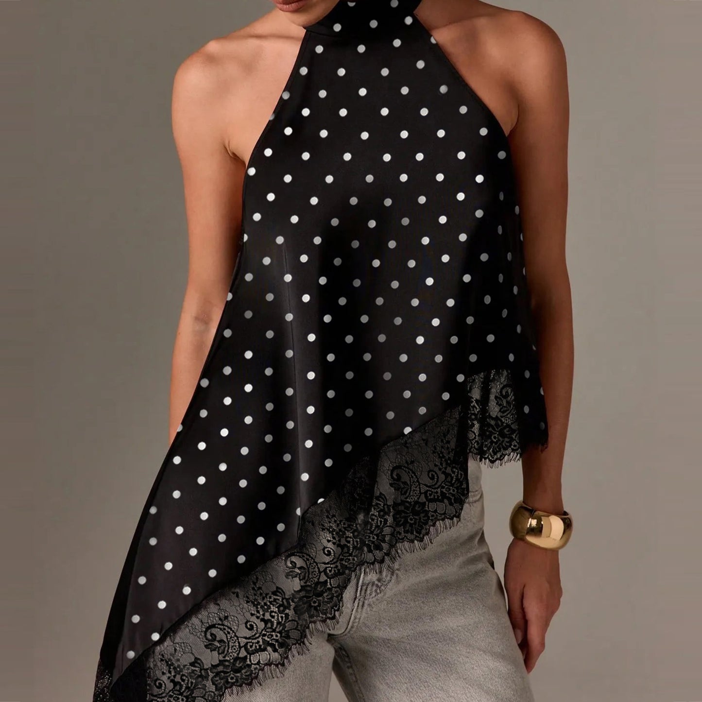 VVZ Women's Halter Top — Summer Sleeveless, Backless Camisole with Asymmetrical Lace Hem