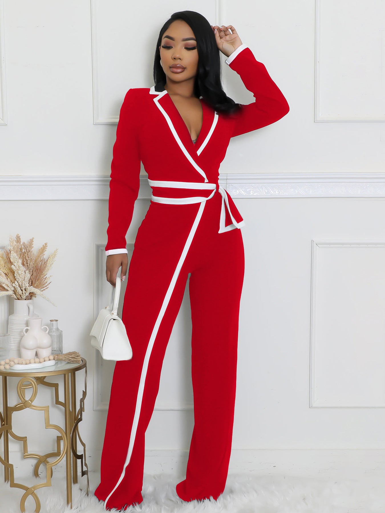 VVZ Women's Color-Block Patchwork Lapel Jumpsuit with Shoulder Pads