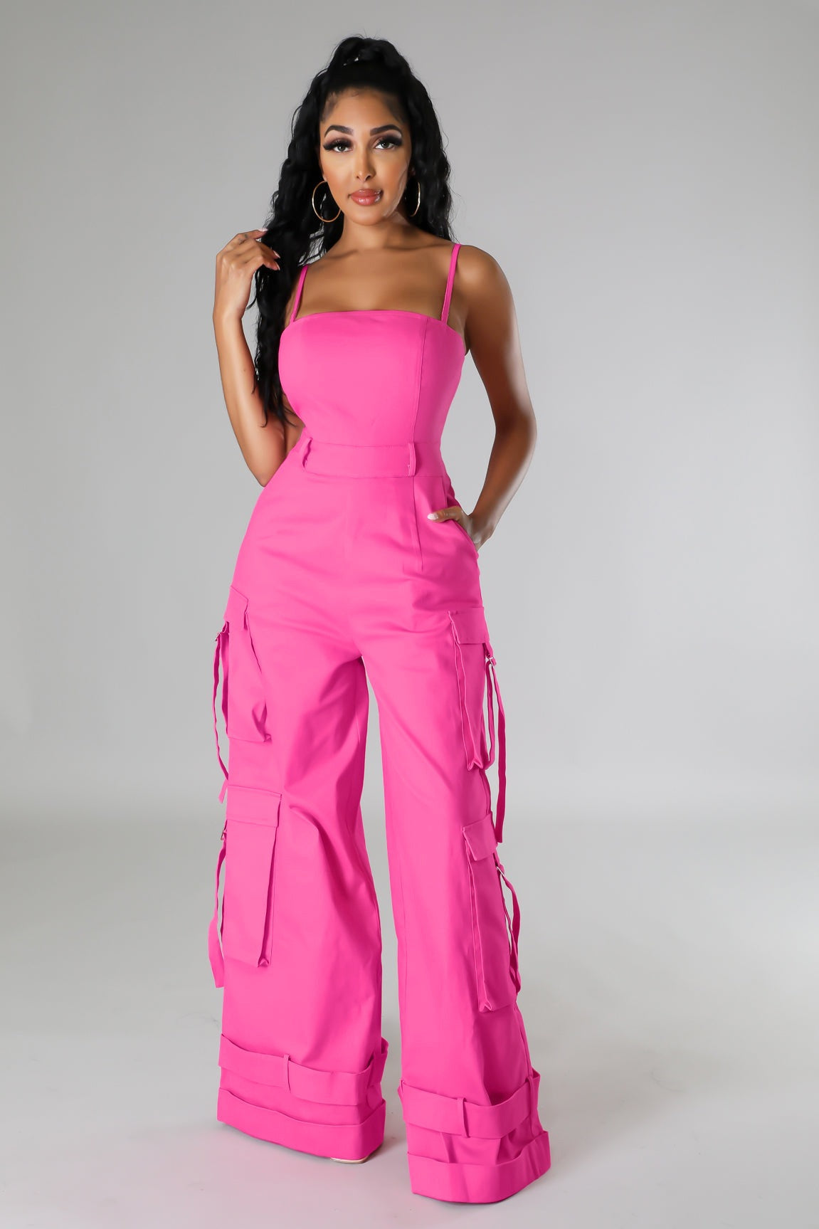 VVZ Women's Solid-Color Wide-Leg Cargo Jumpsuit