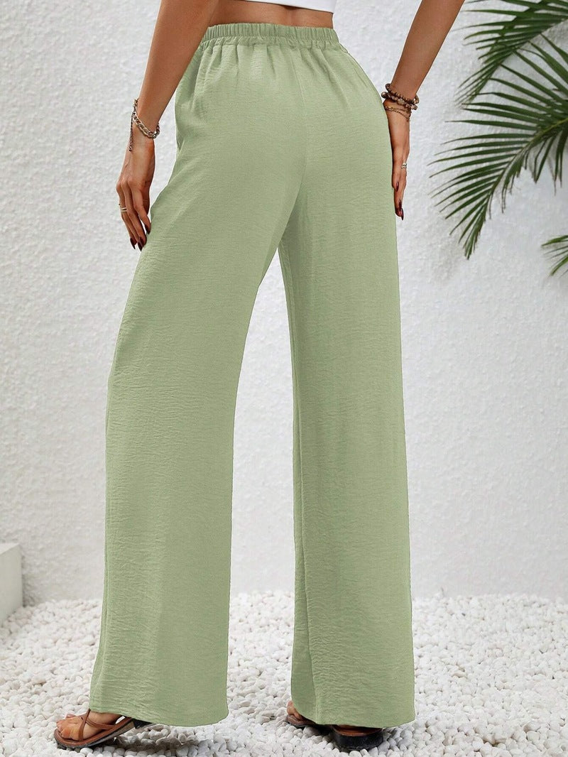 VVZ Women's Solid-Color Straight-Leg Pants with Pockets and Front Tie Closure