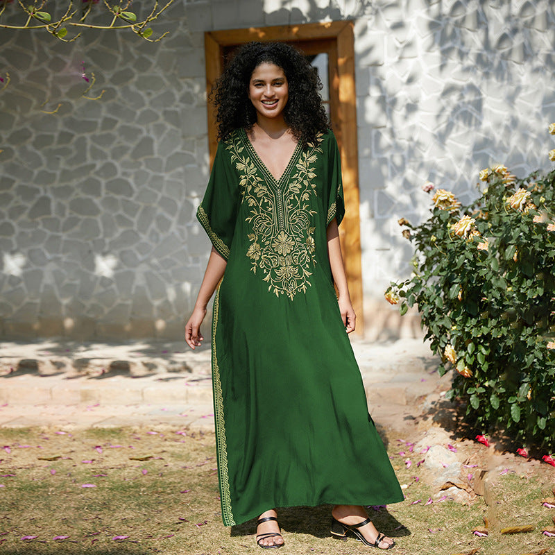 VVZ Elegant Summer V-Neck Half-Sleeve Maxi Dress