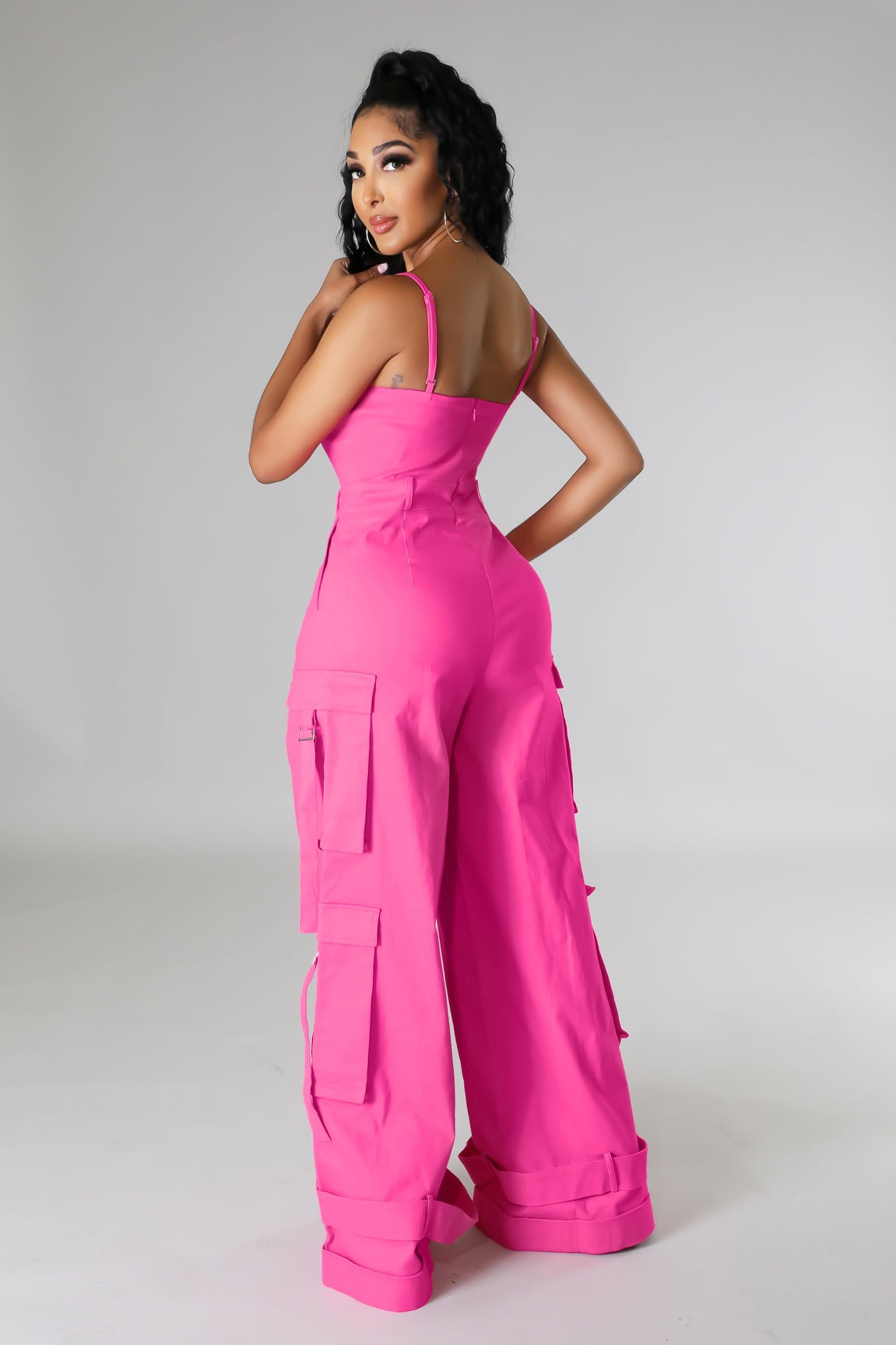 VVZ Women's Solid-Color Wide-Leg Cargo Jumpsuit