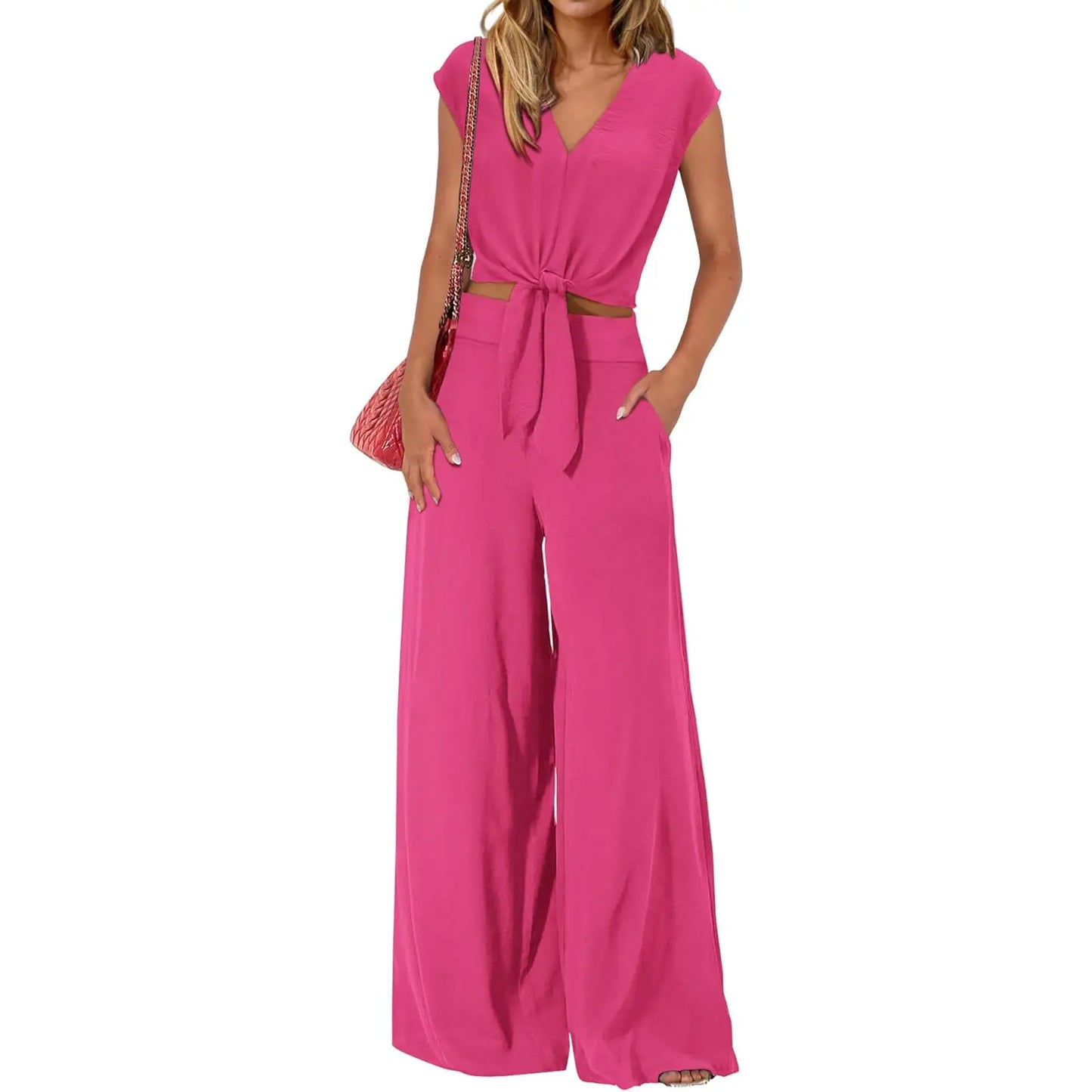VVZ Short-sleeved V-neck cropped top with tie and wide-leg pants