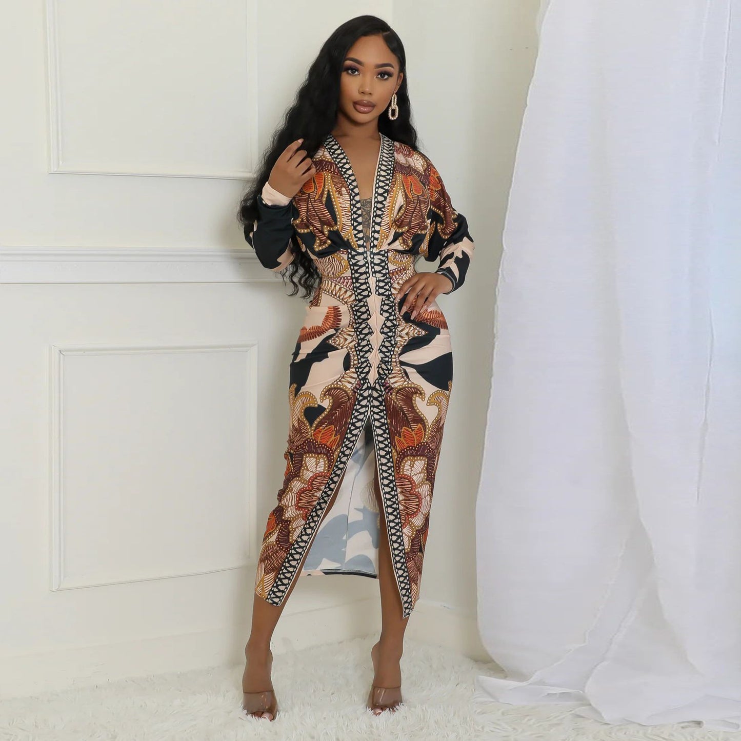 VVZ V Neck Long Sleeve Folds Sling Skinny Dresses