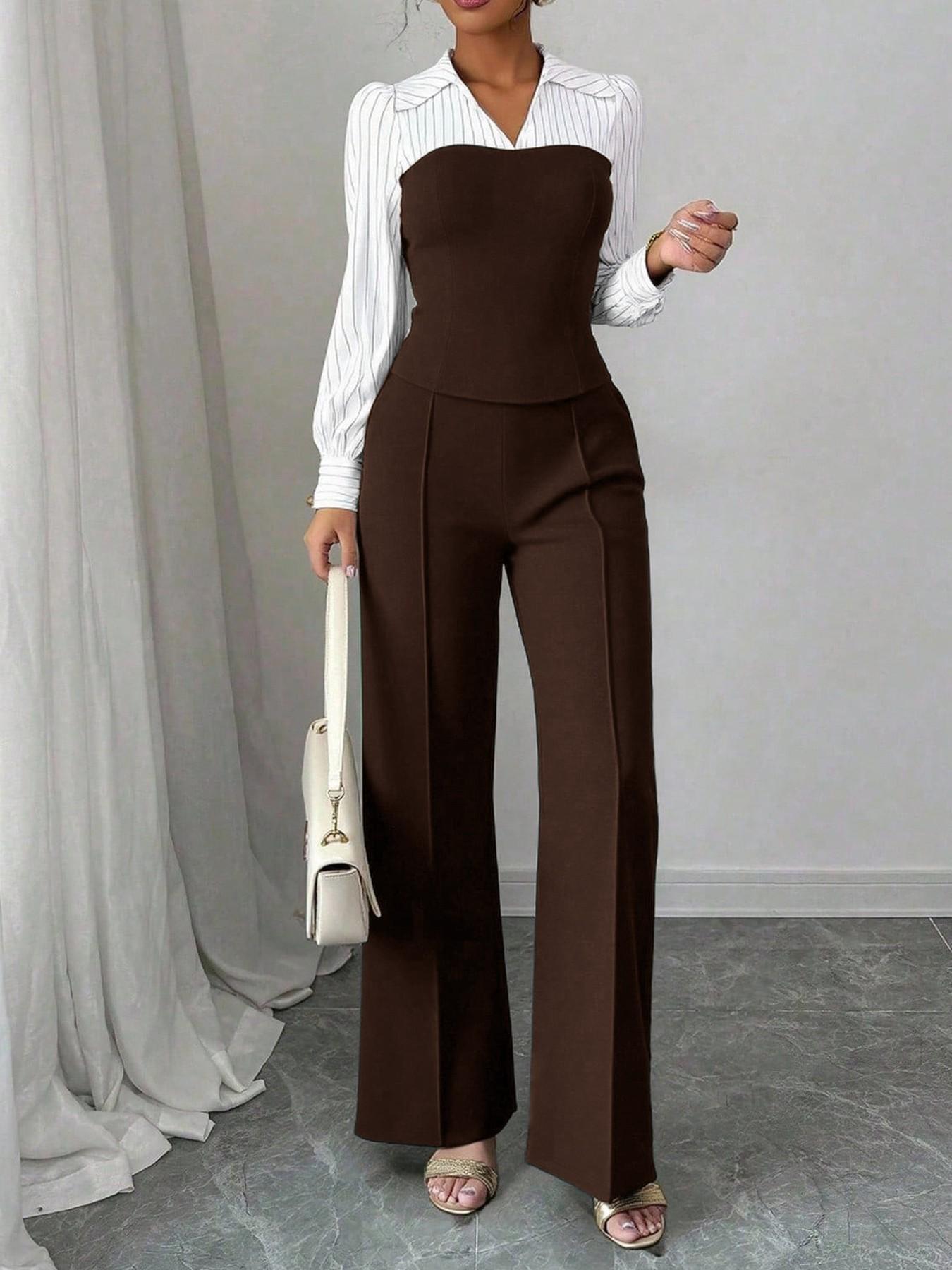 VVZ Women's Long Sleeve Colorblock Patchwork Shirt Set