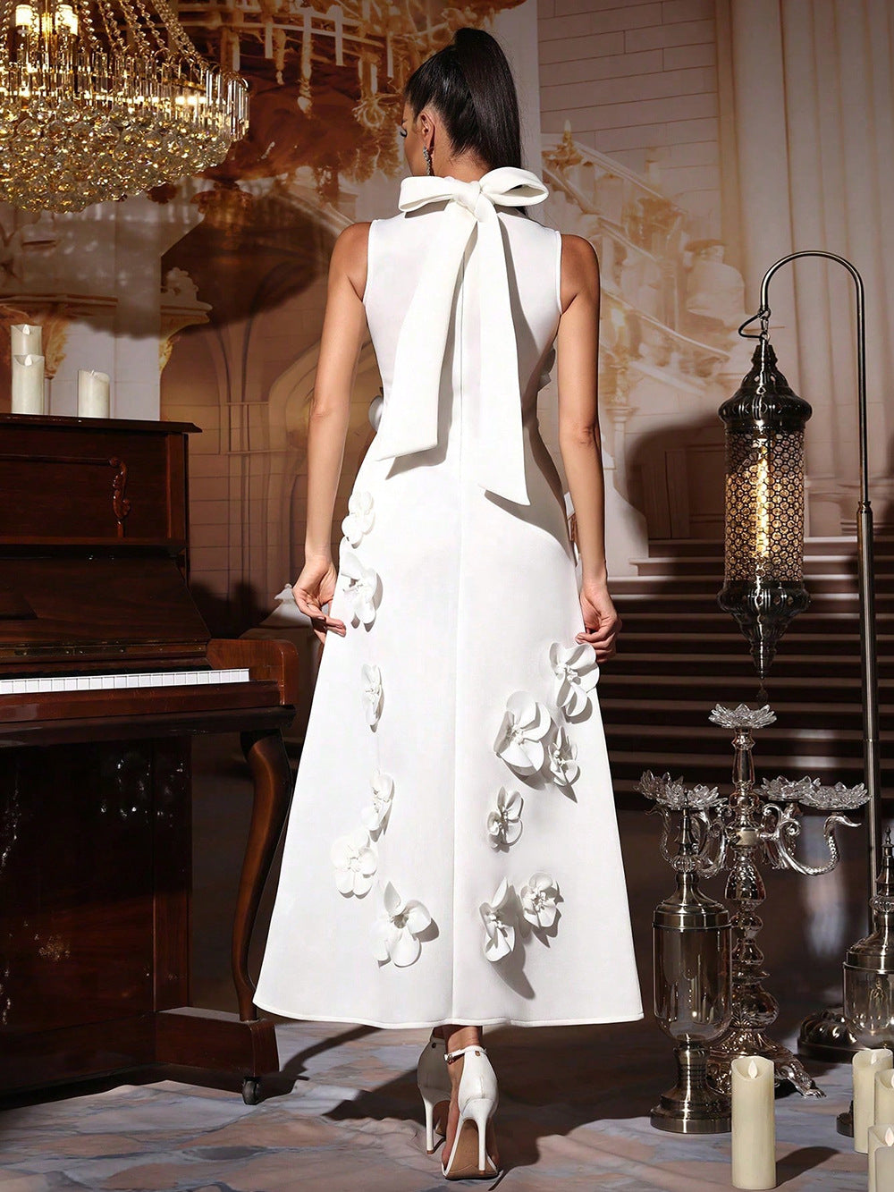 VVZ French-Style 3D Floral A-Line Maxi Dress