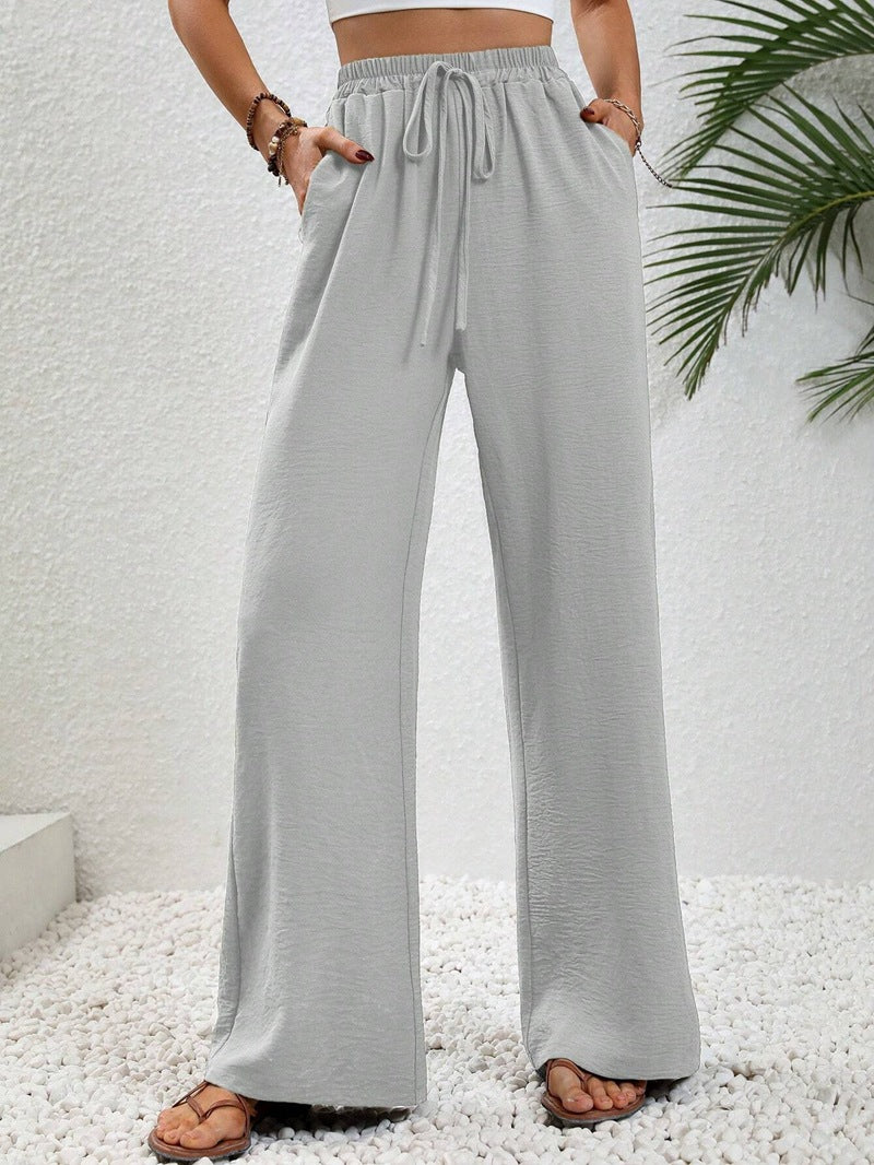 VVZ Women's Solid-Color Straight-Leg Pants with Pockets and Front Tie Closure