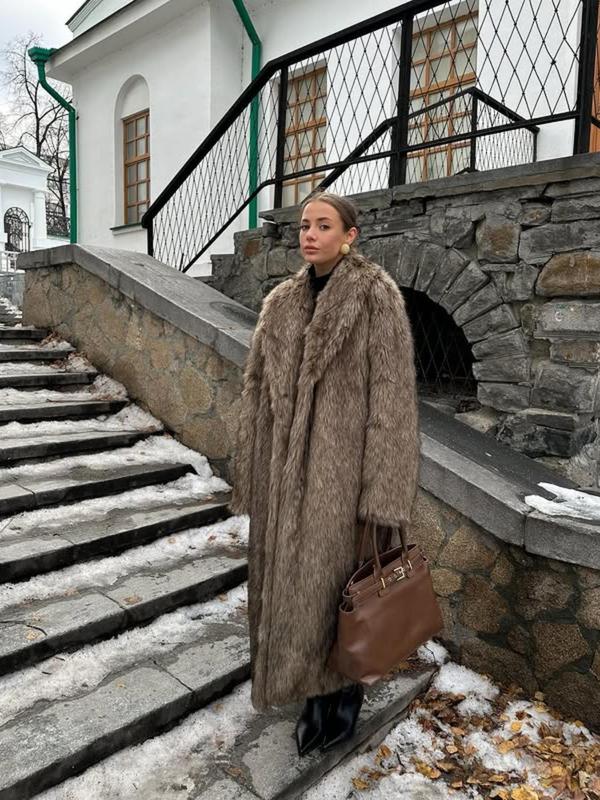 VVZ Women's Solid Color Open Faux Fur Coat, Elegant Long Sleeve Waterfall Collar Outerwear