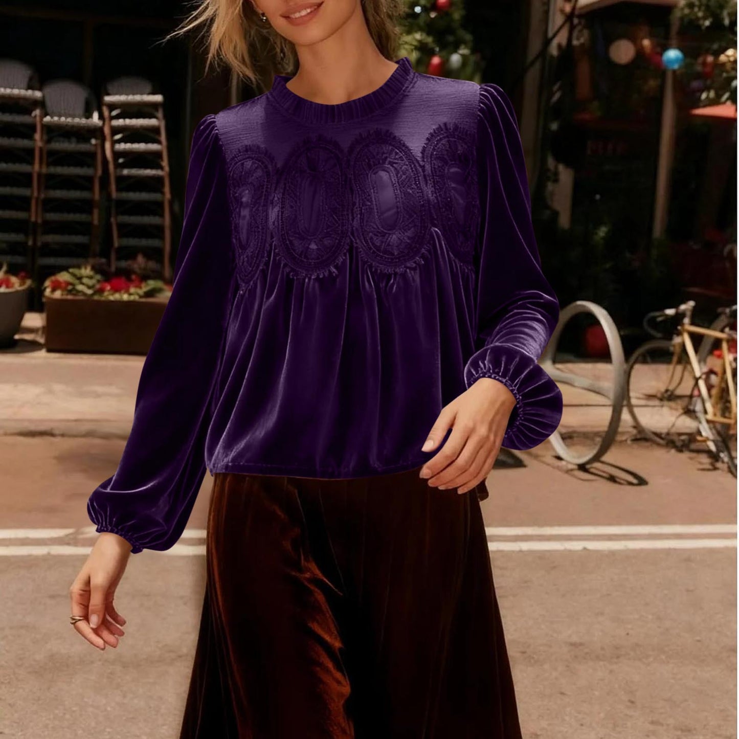 VVZ Women's Long Sleeve Velvet Trim Lace Blouse Elegant Flared Swing Top