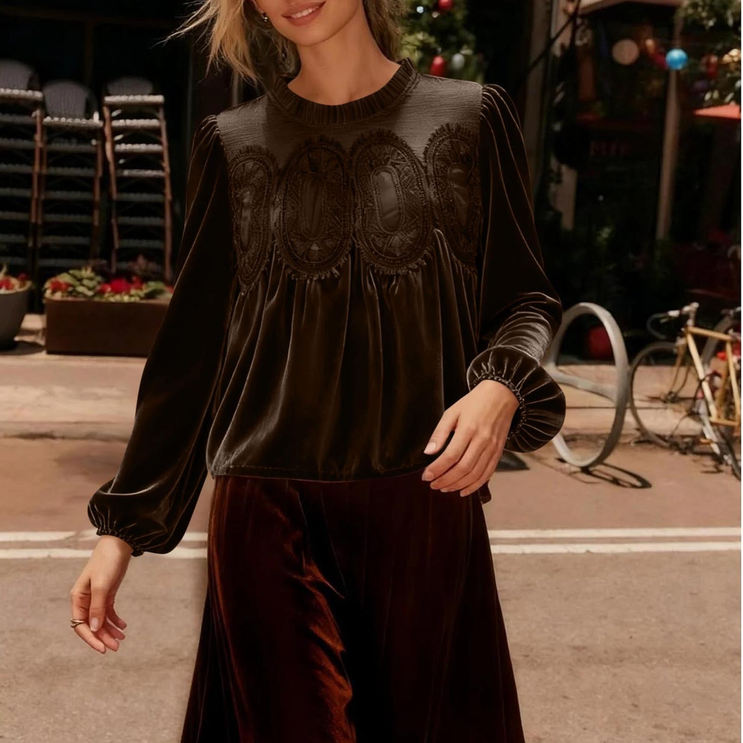 VVZ Women's Long Sleeve Velvet Trim Lace Blouse Elegant Flared Swing Top