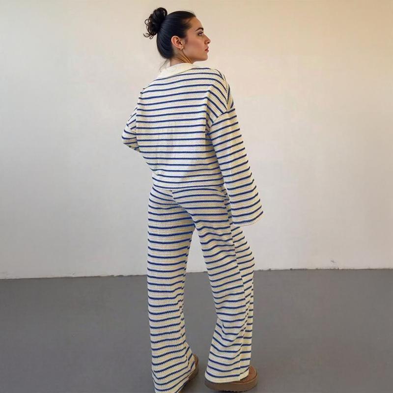 VVZ Women's Casual Color Matching Stripe Long Sleeve Top & Wide Leg Trousers Co-ord