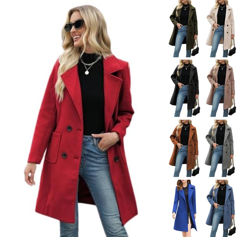 VVZ Women Winter  Camel Mid-Long Coat Notch Double-Breasted Lapel Jacket Outwear