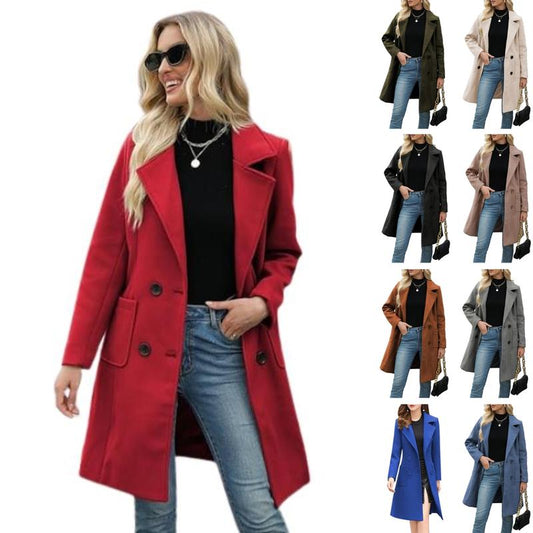 VVZ Women Winter  Camel Mid-Long Coat Notch Double-Breasted Lapel Jacket Outwear