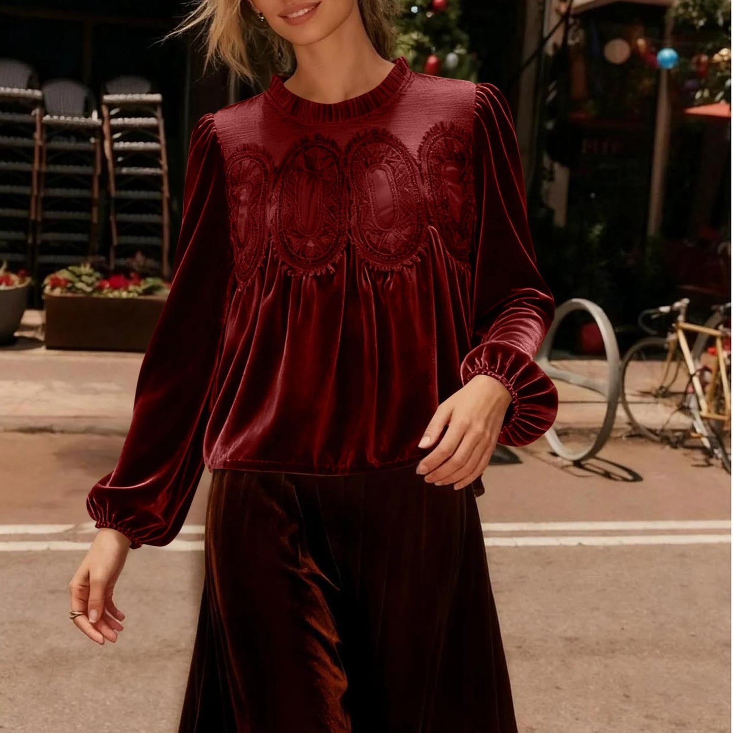 VVZ Women's Long Sleeve Velvet Trim Lace Blouse Elegant Flared Swing Top