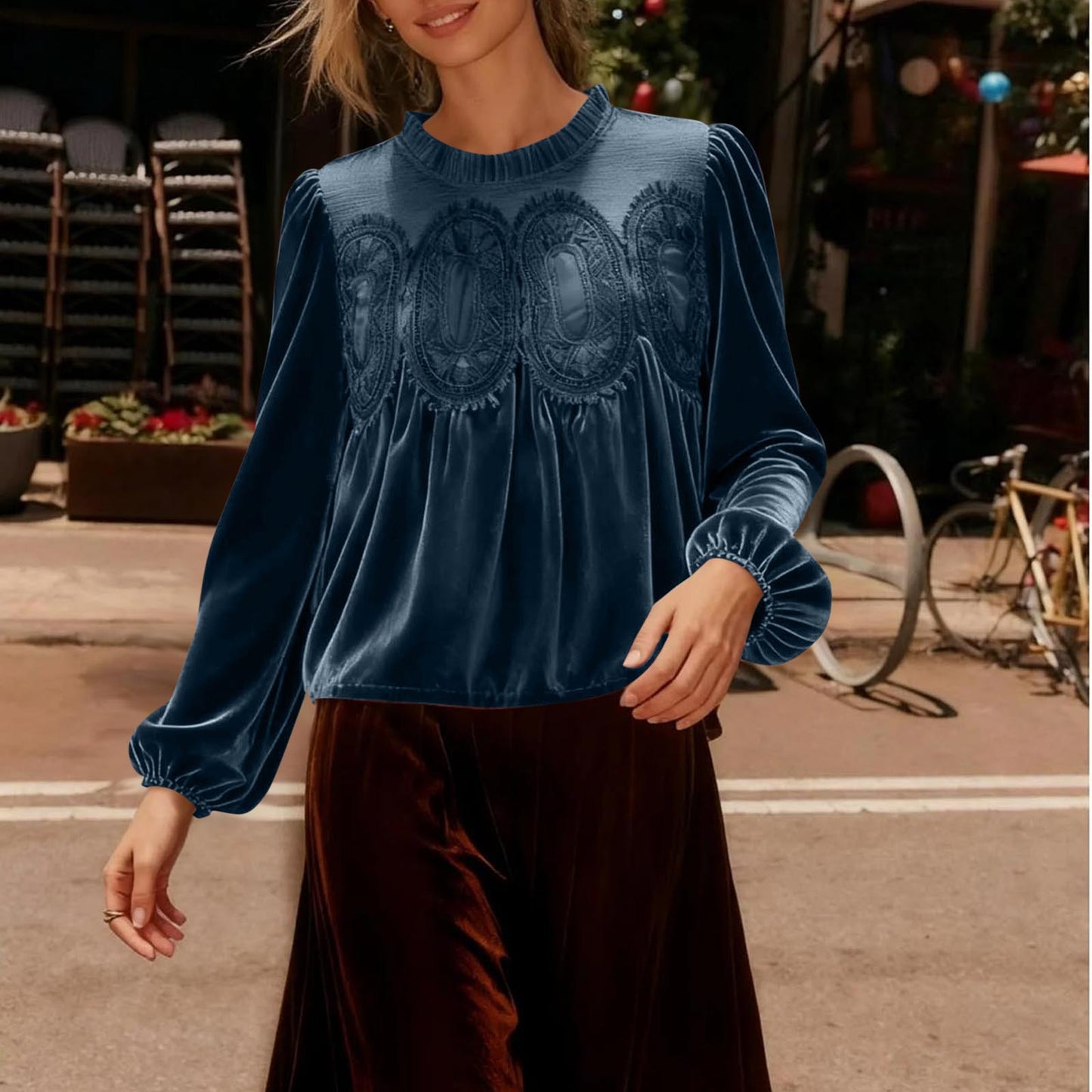 VVZ Women's Long Sleeve Velvet Trim Lace Blouse Elegant Flared Swing Top