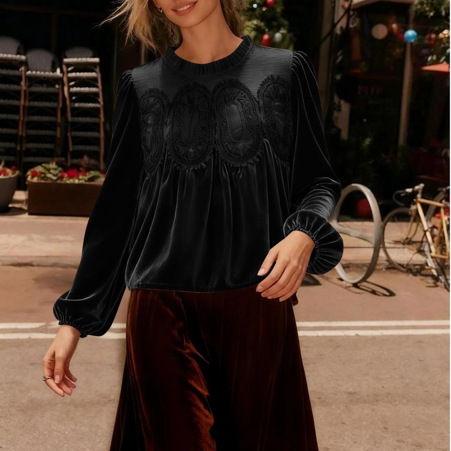 VVZ Women's Long Sleeve Velvet Trim Lace Blouse Elegant Flared Swing Top