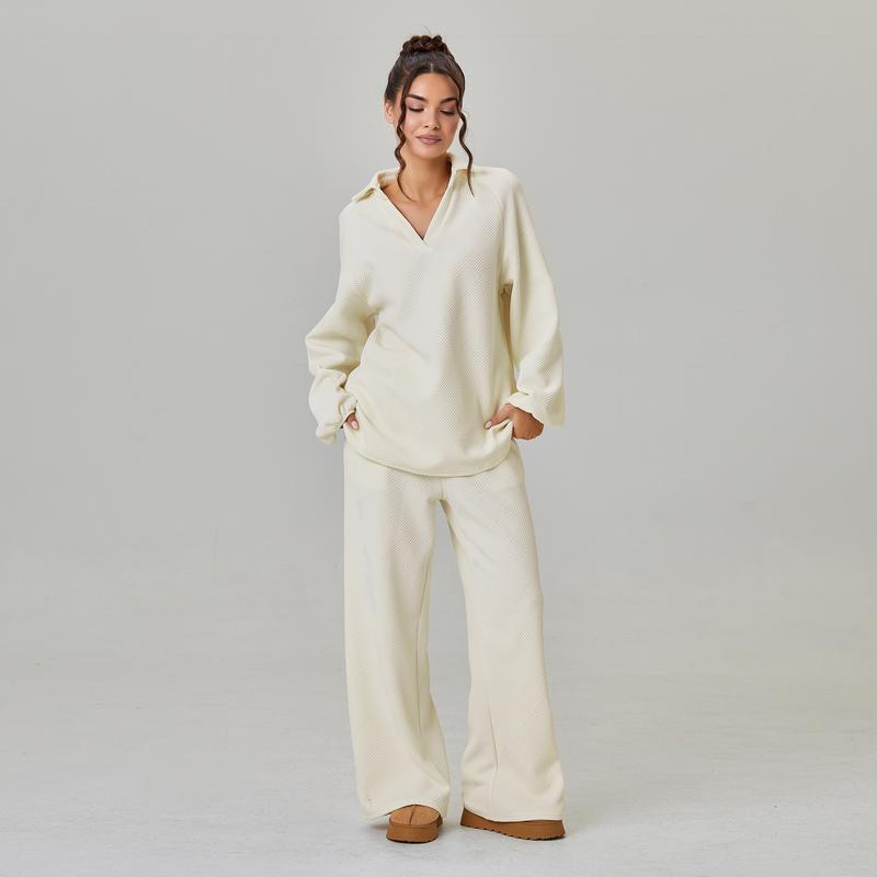 VVZ Women's Slouchy Solid Color V-Neck Loose Textured Pullover & Drawstring Waist Trousers Co-ord
