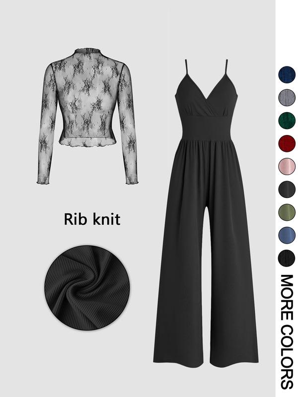 VVZ Women's Solid Color Lace Tee & Pocket Jumpsuit Two-piece Set