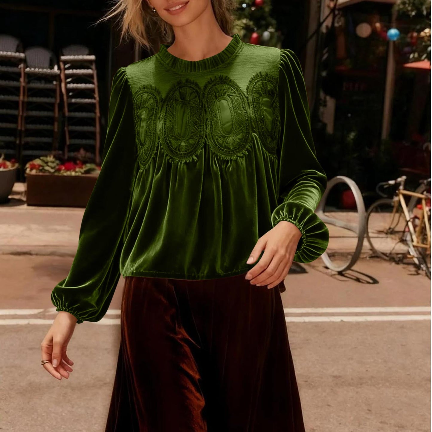 VVZ Women's Long Sleeve Velvet Trim Lace Blouse Elegant Flared Swing Top