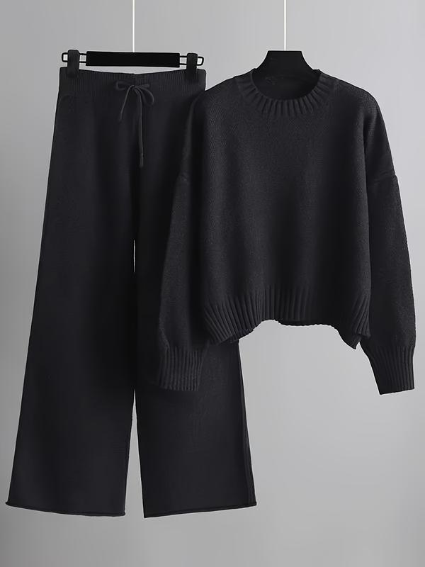 VVZ Women'S Oversized Round Neck Sweater & Wide-Leg Pants Two-Piece Set