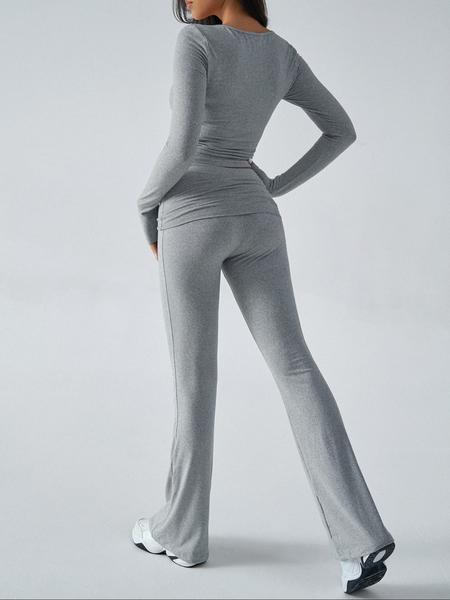 VVZ Slim-Fit Crop Top & Pants Two-Piece Set, Solid Color V-Neck Long Sleeve