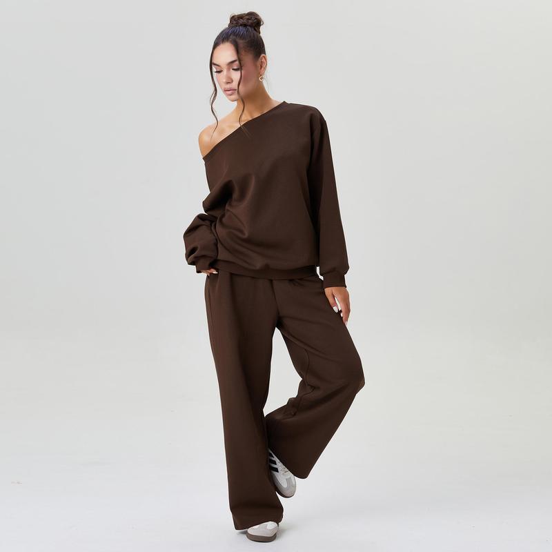 VVZ Women's Leisure Solid Color Sloping Shoulder Trousers Two Piece