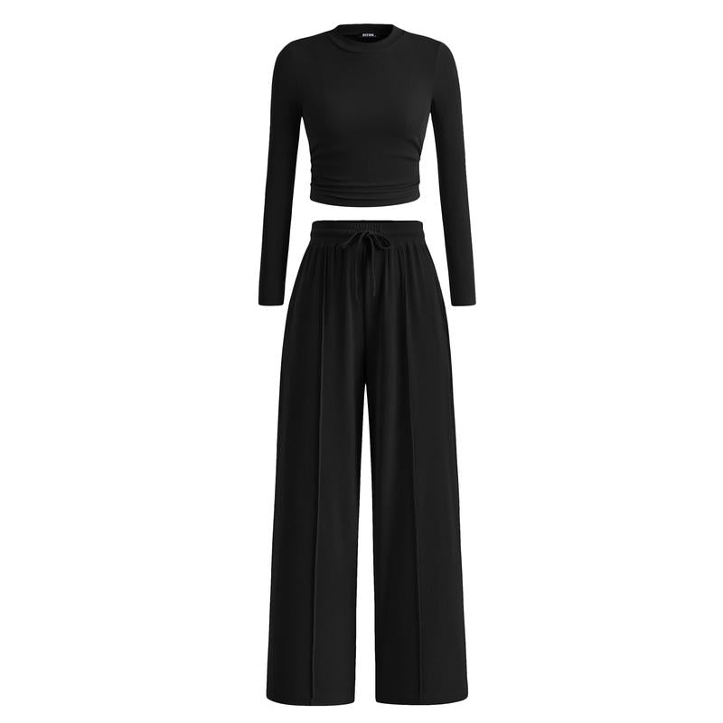 VVZ 2-Piece Ribbed Knit Long Sleeve Crop Top Wide Leg Pants Matching Lounge Set Loungewear