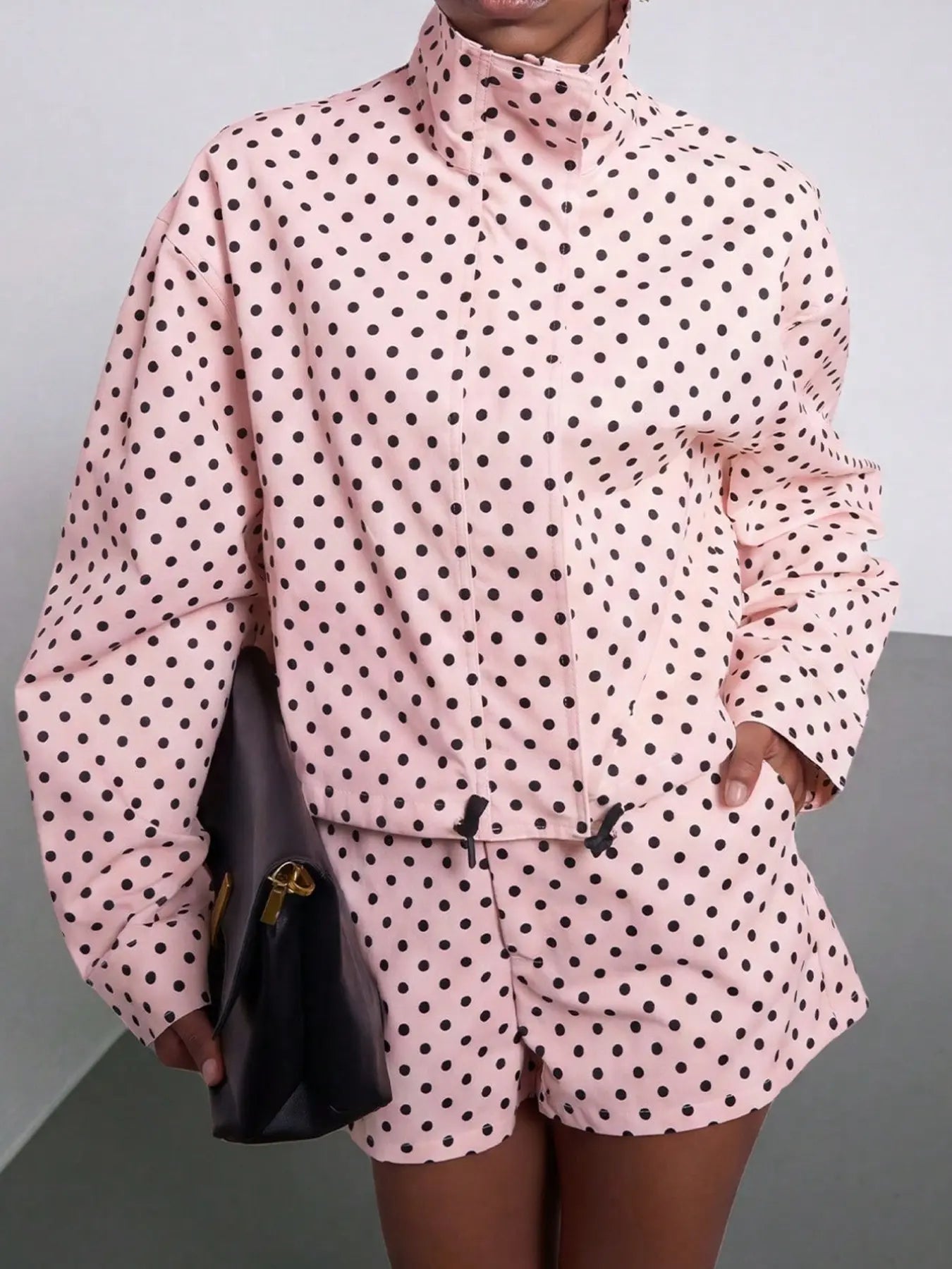 VVZ Retro Polka-Dot Stand-Collar Long-Sleeve Blazer and Shorts Set