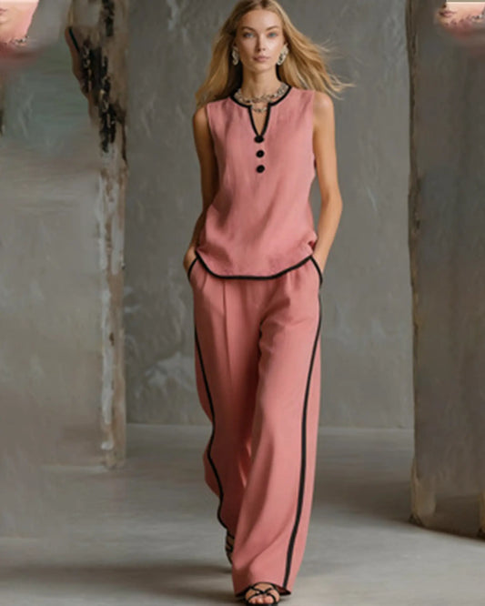 VVZ Women's Color-Block Piping V-Neck Loungewear Set