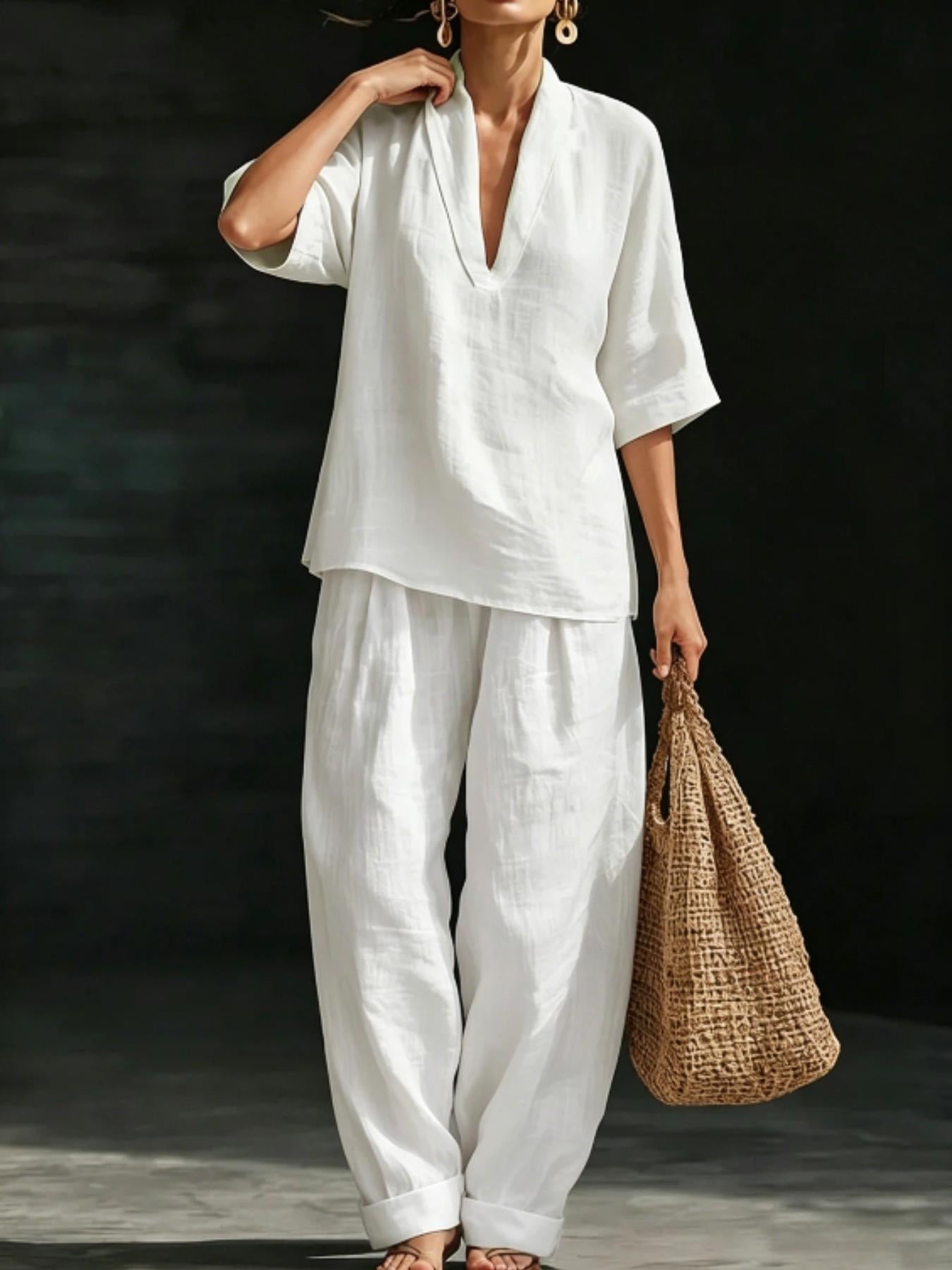 VVZ Women's Lightweight Summer Solid-Color V-Neck Short-Sleeve Set