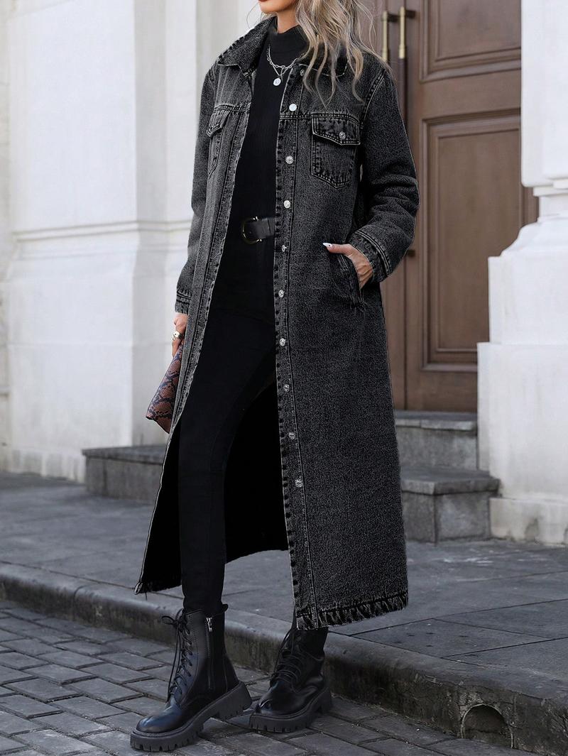 VVZ Women's Button Front Denim Coat, Elegant Casual Long Sleeve Outerwear