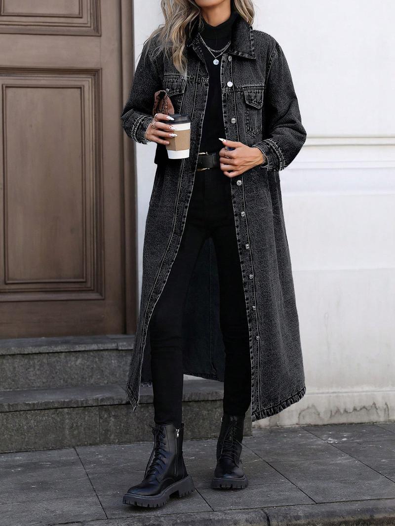 VVZ Women's Button Front Denim Coat, Elegant Casual Long Sleeve Outerwear