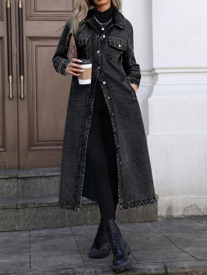 VVZ Women's Button Front Denim Coat, Elegant Casual Long Sleeve Outerwear