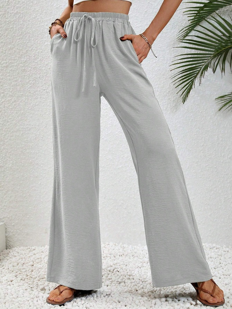 VVZ Women's Solid-Color Straight-Leg Pants with Pockets and Front Tie Closure