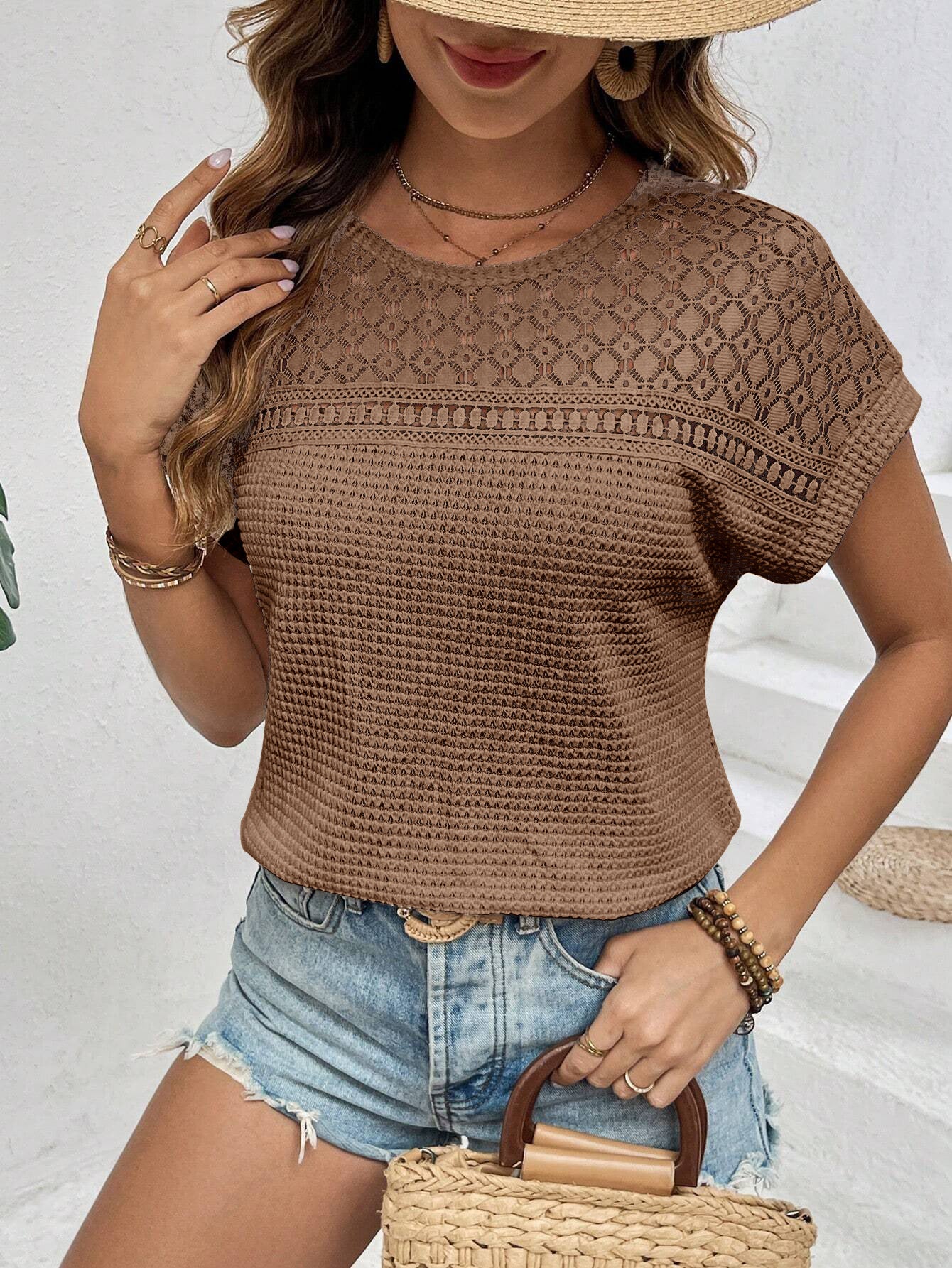VVZ Crew Neck, Short-Sleeve, Waffle-Knit Openwork Shirt