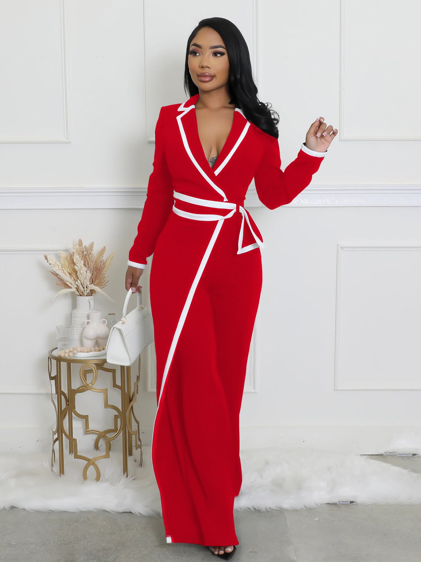 VVZ Women's Color-Block Patchwork Lapel Jumpsuit with Shoulder Pads
