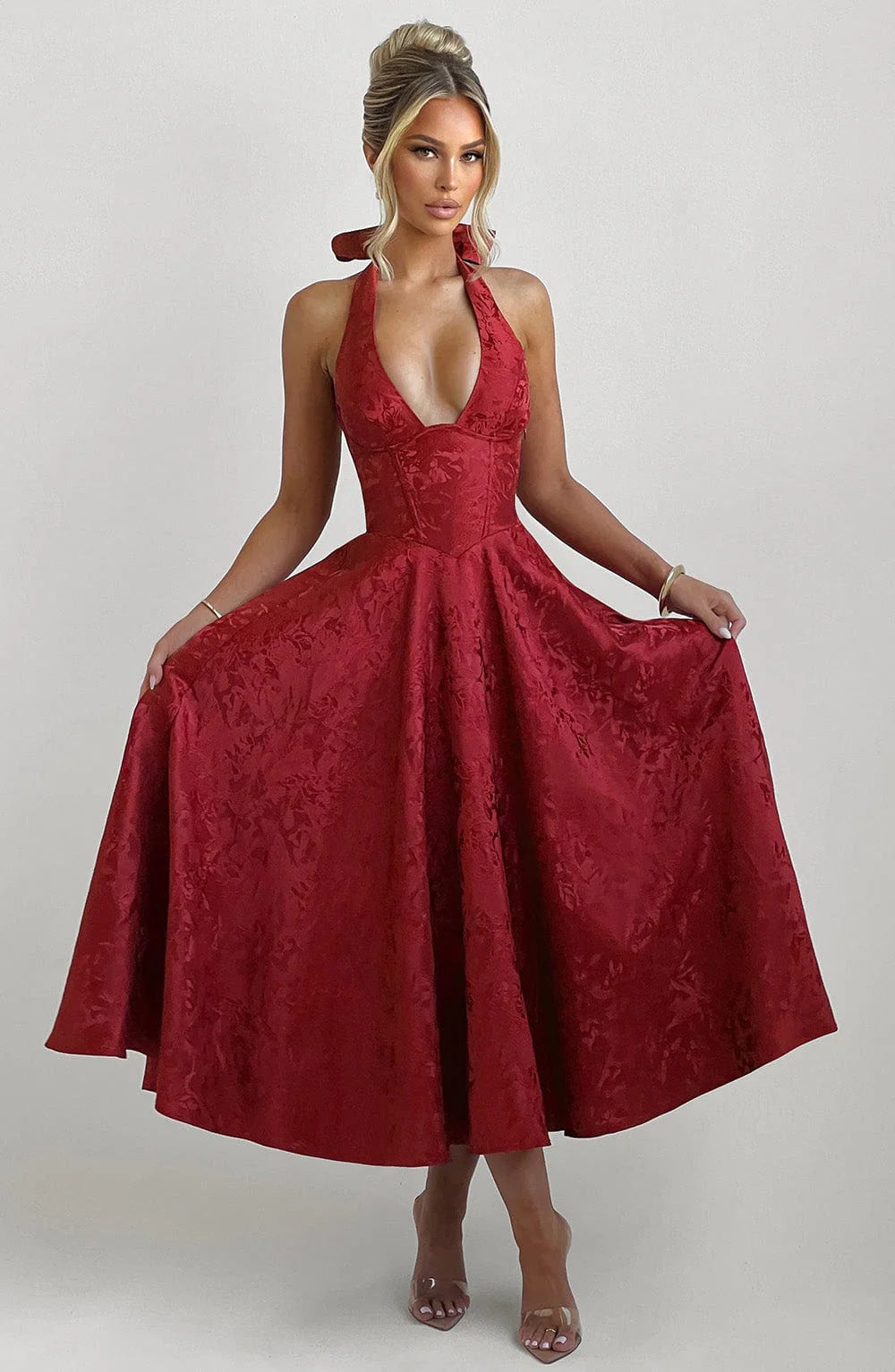 VVZ V-Neck Halter Jacquard Dress