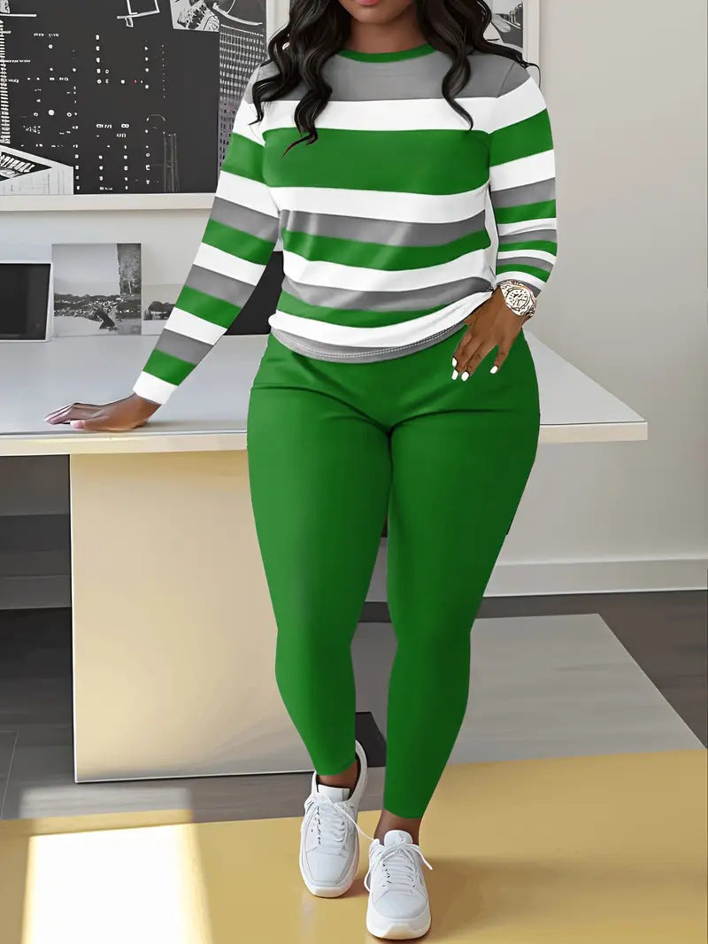 VVZ Color Block Crew Neck Top & Solid Color Pants Set