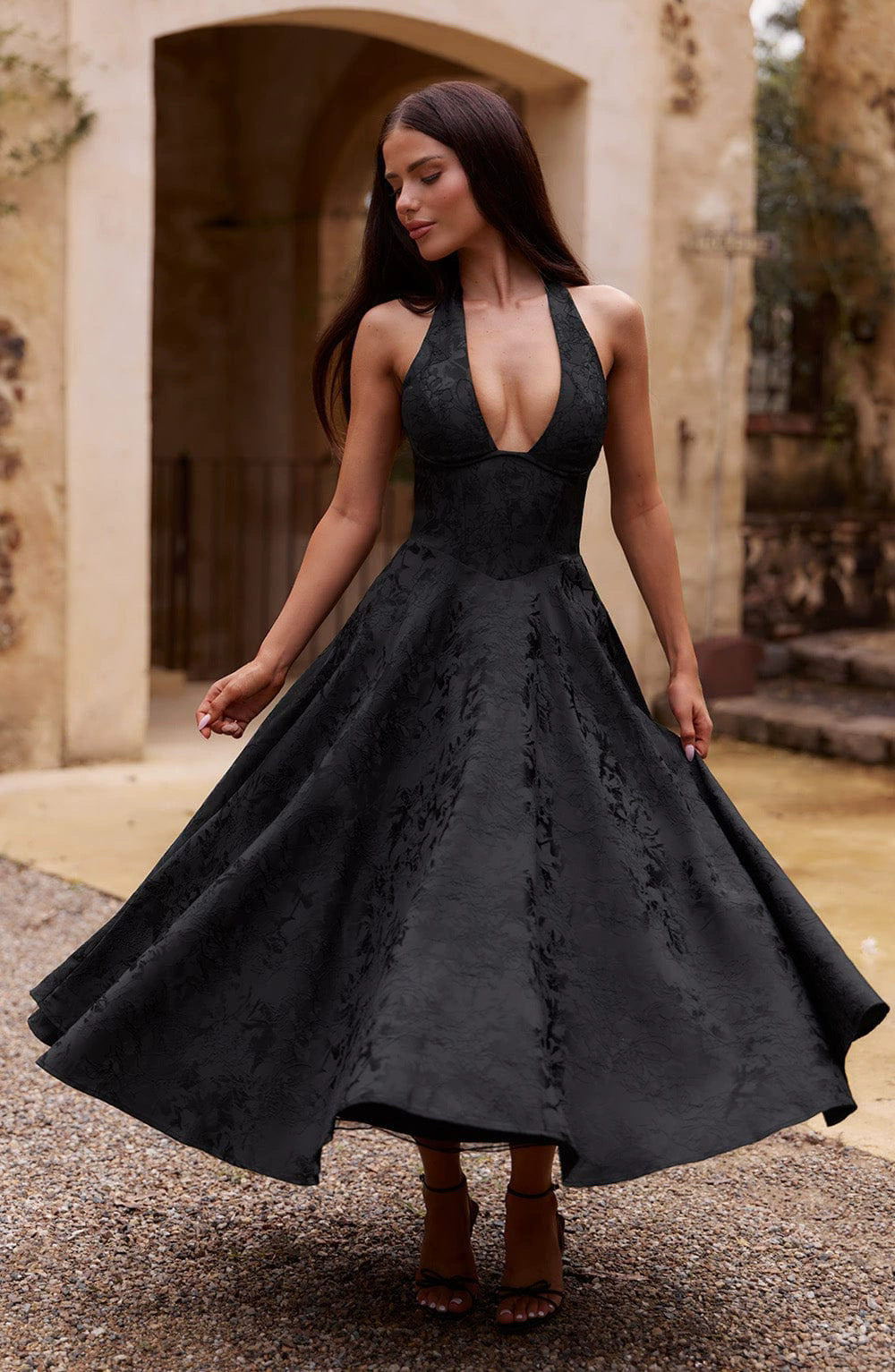 VVZ V-Neck Halter Jacquard Dress