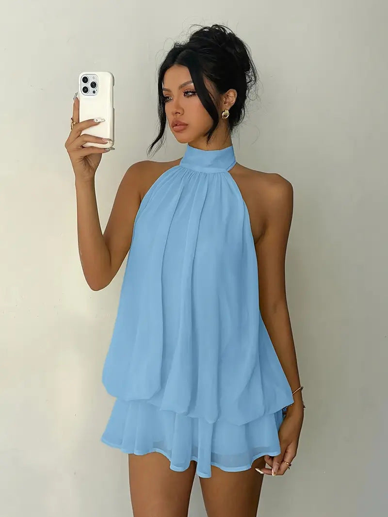 VVZ  Women's Summer Casual Fashion Halter Tie Back Mini Dress