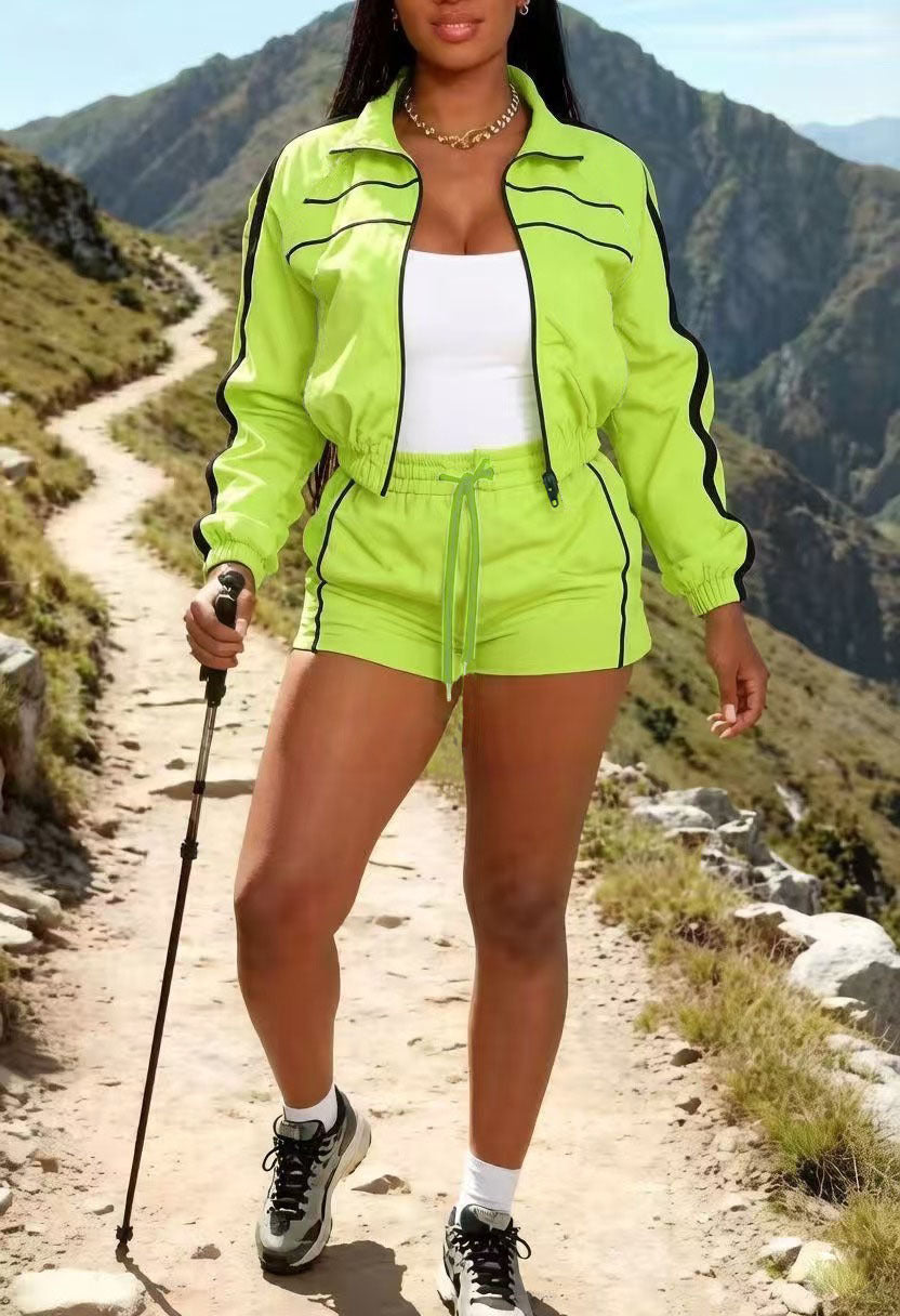 VVZ Women's Summer Long-Sleeve Color-Block Zip-Up Jacket and Shorts Set