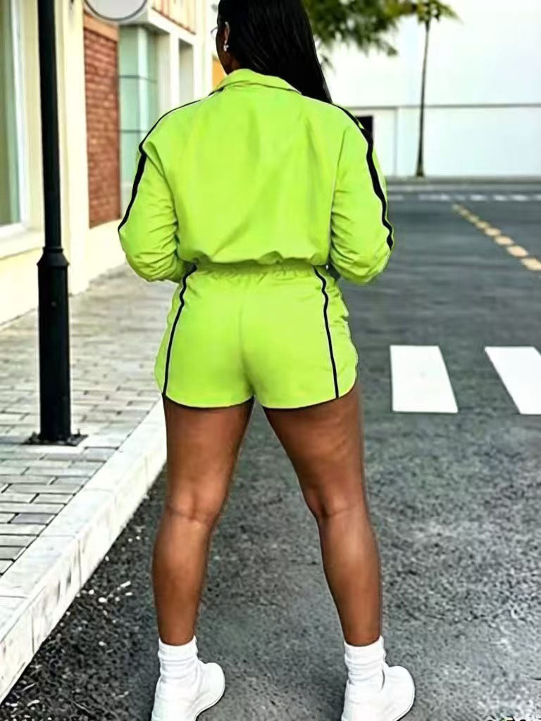 VVZ Women's Summer Long-Sleeve Color-Block Zip-Up Jacket and Shorts Set