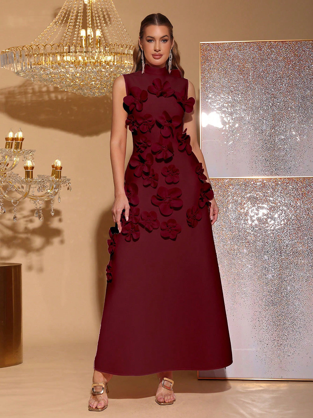 VVZ French-Style 3D Floral A-Line Maxi Dress