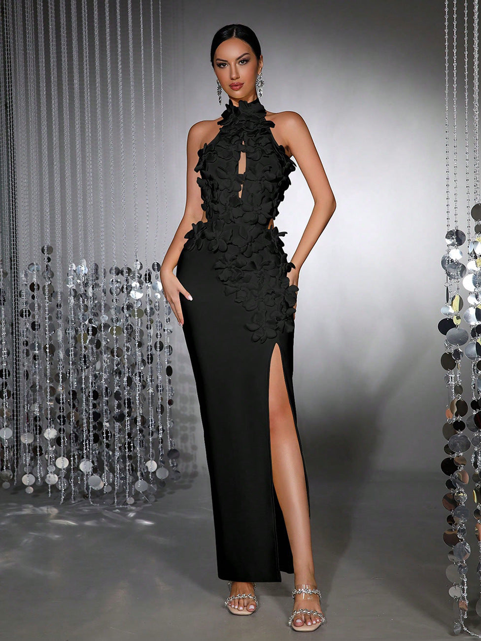 VVZ Sleeveless, High-Neck, Backless, 3D Floral, Long Bandage Dress