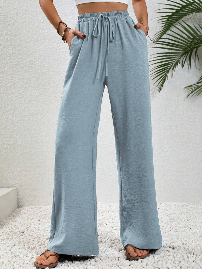 VVZ Women's Solid-Color Straight-Leg Pants with Pockets and Front Tie Closure