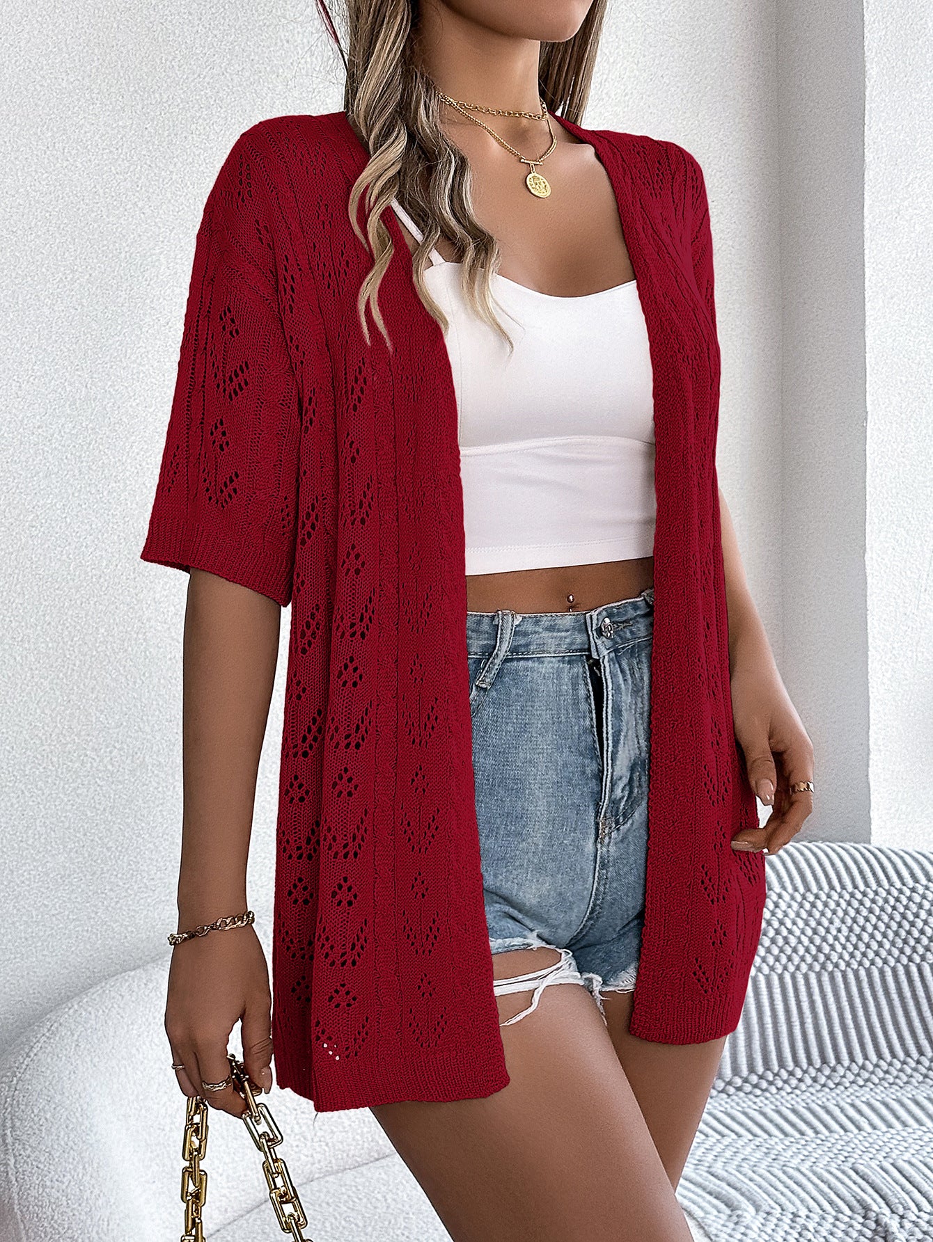 VVZ Women's Solid-Color Open-Knit Sheer V-Neck Drop-Shoulder Slim-Fit Cardigan