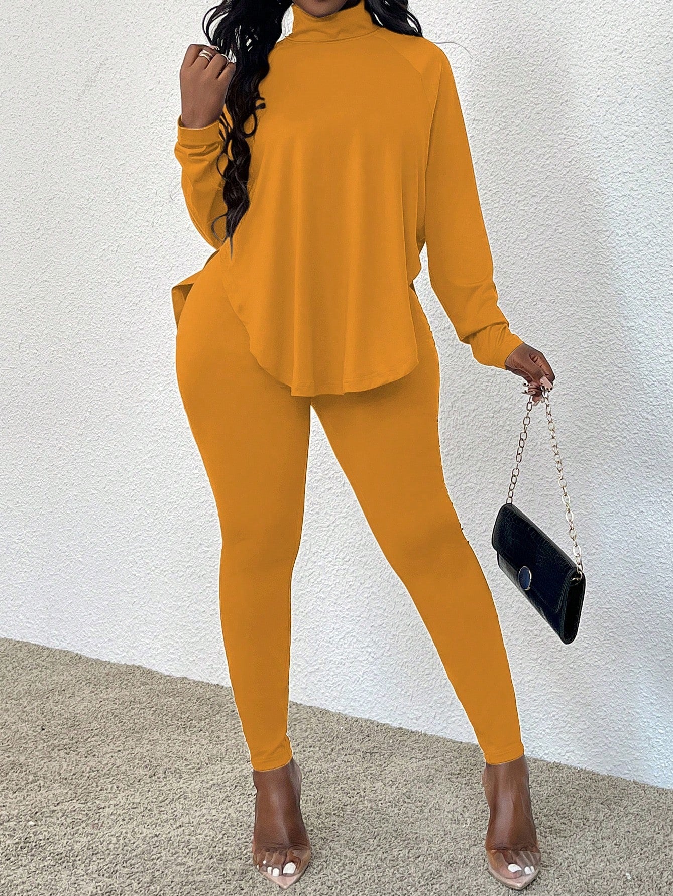 VVZ Women's solid color raglan sleeve top and slim-fit trousers two-piece set