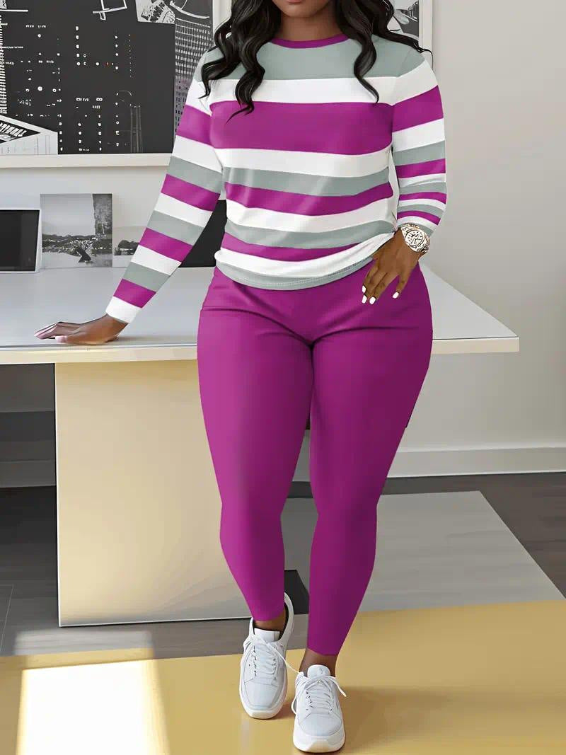 VVZ Color Block Crew Neck Top & Solid Color Pants Set