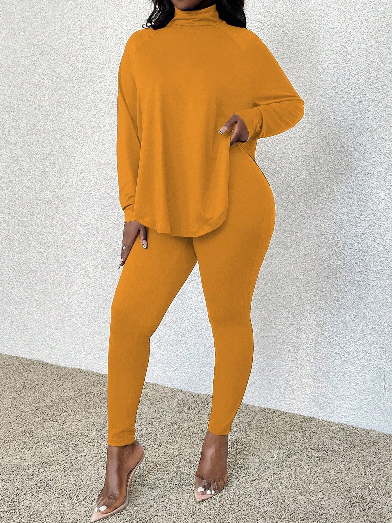 VVZ Women's solid color raglan sleeve top and slim-fit trousers two-piece set